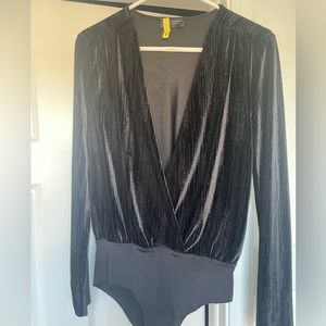 Women’s Small Zara Black Velvet Gold Thread Bodysuit